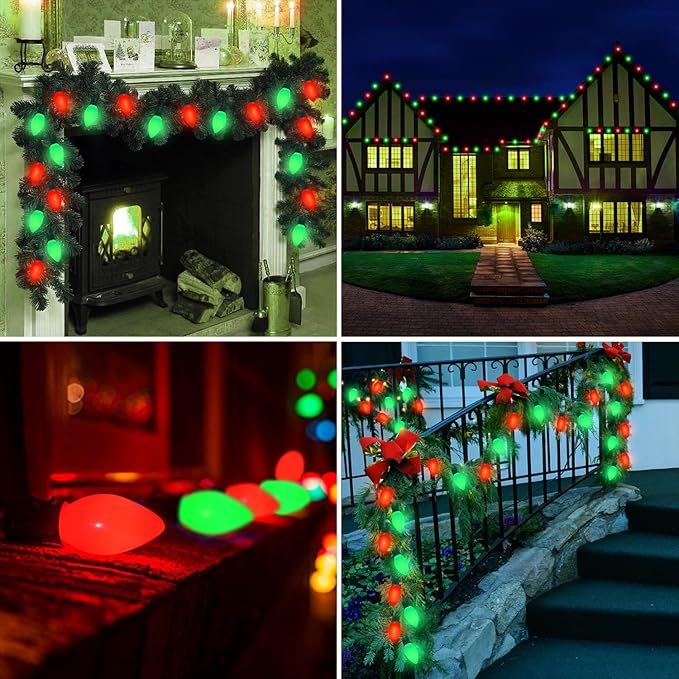 25 Pack C7 Red and Green Christmas Lights Replacement Ceramic Bulbs, Red Green Christmas Lights C7 Bulbs for Christmass Day, Party and Wedding Decorations, E12 Candelabra Base, 5 Watts