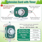 Feekoon 50FT Outdoor Extension Cord with Timer, 1 to 3 Way Extension Cord Splitter, 16AWG SJTW Heavy Duty 3 Plug Green with Multiple Outlets and Weatherproof Covers for Halloween Christmas