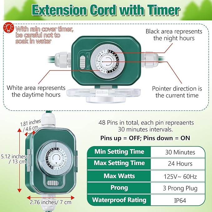 Feekoon 20FT Outdoor Extension Cord with Timer, 1 to 3 Way Extension Cord Splitter, 16AWG SJTW Heavy Duty 3 Plug Green with Multiple Outlets and Weatherproof Covers for Halloween Christmas