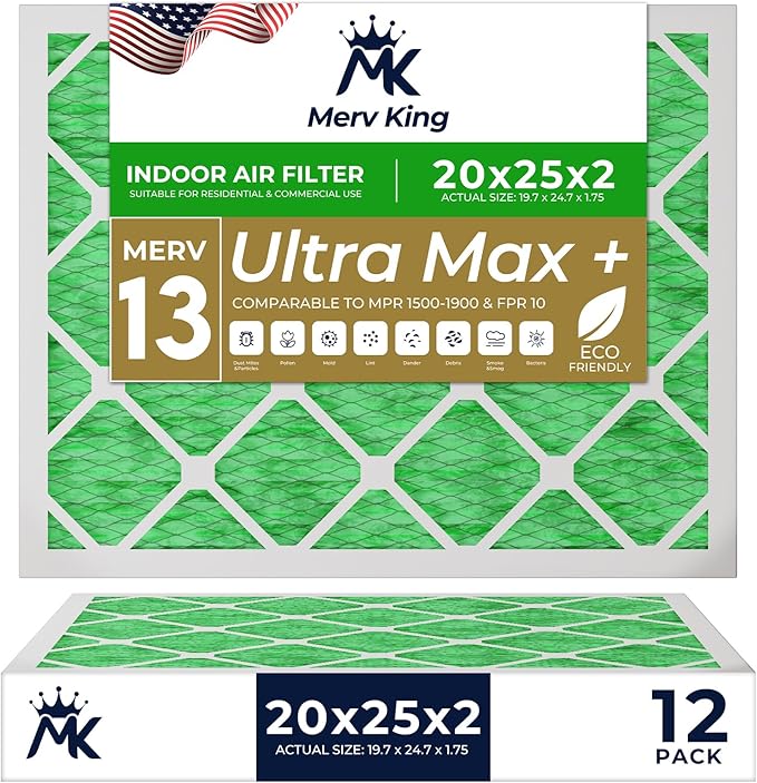 MervKing 20x25x2 Air Filter Actual Size: 19.7" x 24.7" x 1.75" MERV 13 MPR 1500-1900 | MADE IN USA | 12-Pack | Pleated HVAC AC Furnace Replacement