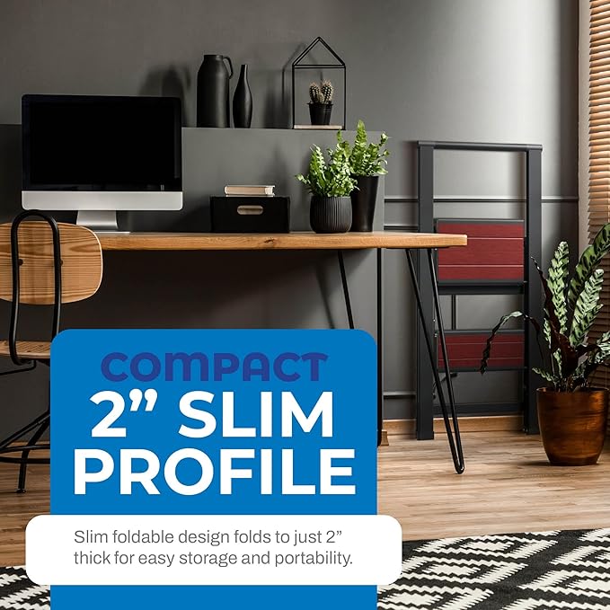 Step Ladder 2 Step Folding, Decorative - Beautiful Mahogany & Black Aluminum, Ultra Slim Profile, Anti Slip Steps, Sturdy-Portable for Home, Office, Kitchen, Photography Use,by SORFEY