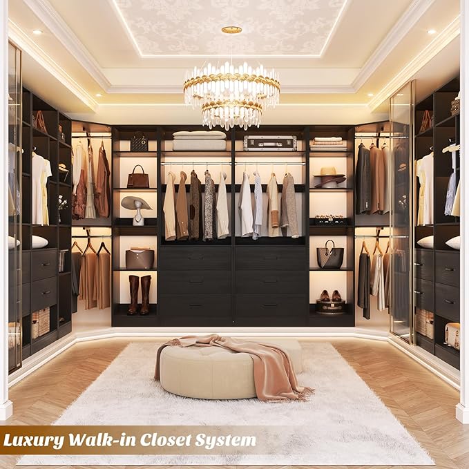 Corner Closet System with 6 Drawers, Closet Organizer System with 14 Shelves & 4 Hanging Rods, 87.2"L * 39.2"W / 63.2"L * 63.2"W Reversible L Shaped Walk-in Closets, Load 2500+LBS, Black