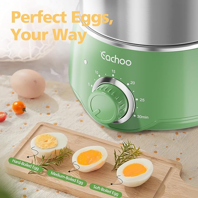Hard Boiled Egg Cooker - CACHOO 14-Egg Rapid Stainless Steel Egg Boiler with 30-Min Timer & Auto Shut Off, Compact Electric Vegetable Steamer for Cooking, Dishwasher Safe, Retro Green