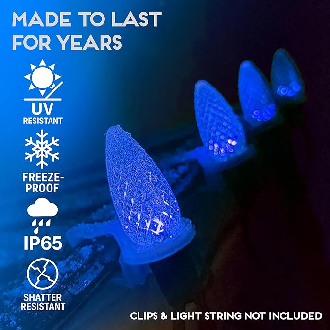 HLO Lighting Set of 25 Blue C9 Faceted LED Christmas Light Bulbs for Indoor & Outdoor Use | Durable Replacement Bulbs