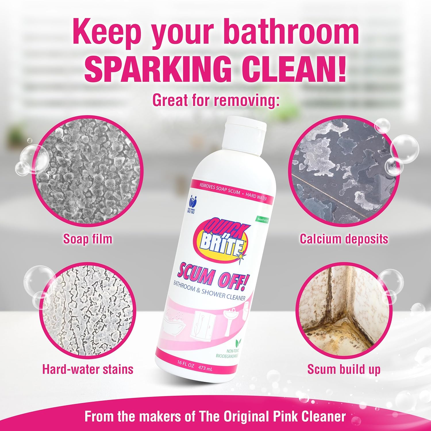 Quick ‘n Brite Scum Off Shower Cleaner - No Scrub, No Harsh Chemical Daily Shower Cleaner, Multi-Surface All-Purpose Cleaner 64 Oz (Packaging May Vary) Pack of 2