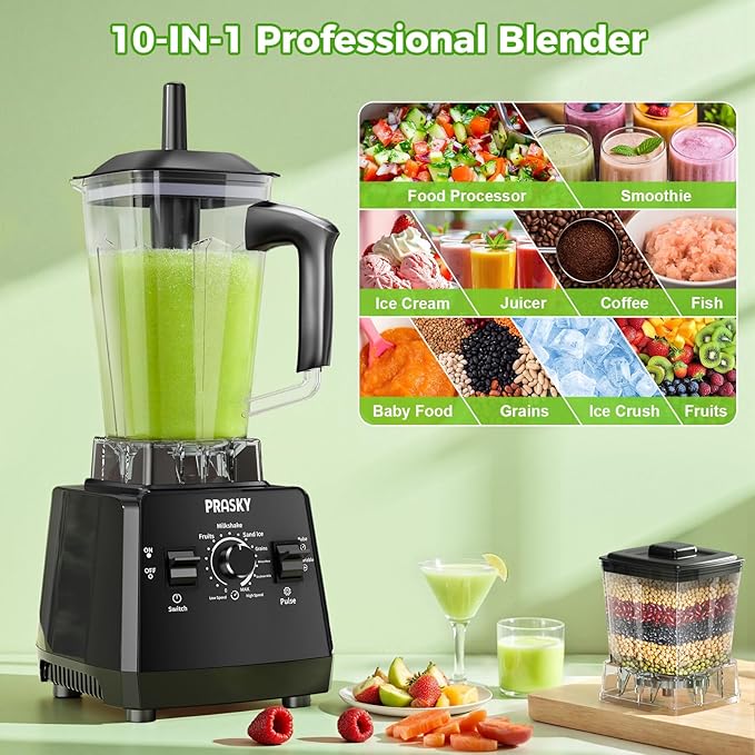 Blender, Smoothie Blenders, PRASKY Max.2400Watts/1000Watts Kitchen Blender and Grinder Combo 25000RPM Powerful Kitchen 68oz BPA Free 2 Containers Countertop Blenders Ice Crushing