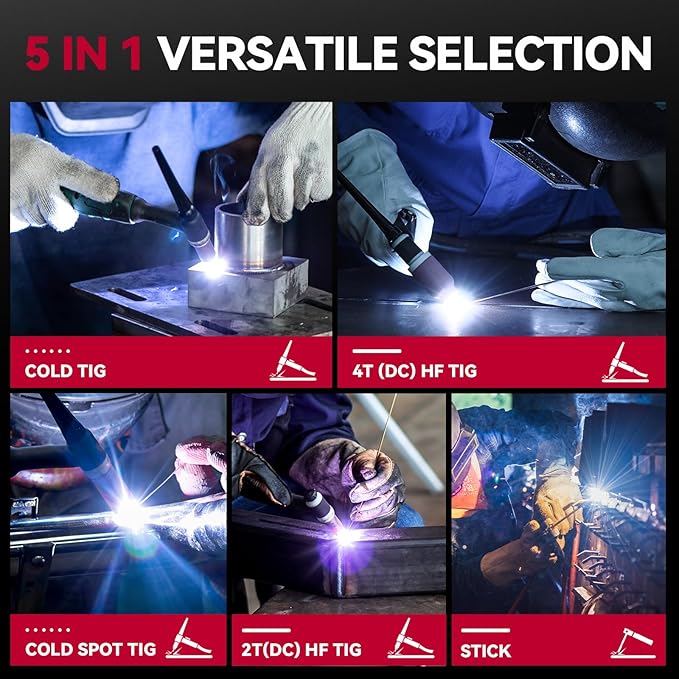 ARCCAPTAIN iControl TIG 205 Pro, 5 In 1 Cold Spot Stick/TIG Welder, 120V/240V Welding Machine with Large LED Display, 2T/4T, Hot start, Arc Force and Anti-stick