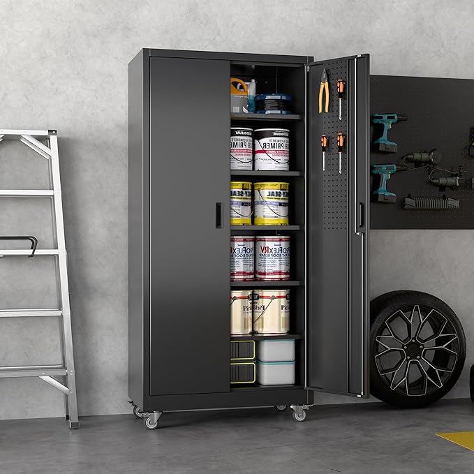 Garage Storage Cabinet with Wheels & Pegboard, 71" H×34" W×18" D Locking Metal Storage Cabinet with 2 Doors and 5 Adjustable Shelves for Garage Home, Assembly Required, Black