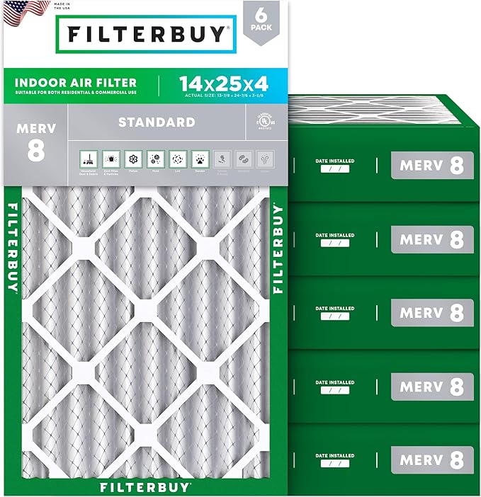 Filterbuy 14x25x4 Air Filter MERV 8 (MPR 700) Dust Defense Replacement (6-Pack), Electrostatic Pleated HVAC AC Furnace Filters, Made in USA (Actual Size: 13.88 x 24.88 x 3.63)