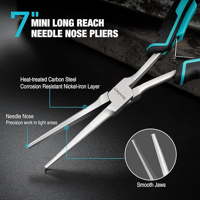 DURATECH 7" Long Reach Needle Nose Pliers, Extra Long Nose Pliers with Smooth Jaws, Small Needle Nose Pliers for Jewelry Making, Wire Bending and Small Object Gripping on Narrow Space
