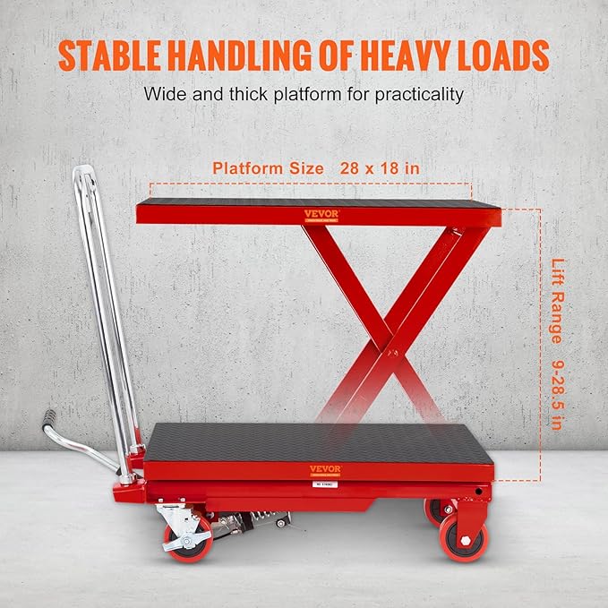 VEVOR Hydraulic Lift Table Cart, 500lbs Capacity 28.5" Lifting Height, Manual Single Scissor Lift Table with 4 Wheels and Non-Slip Pad, Hydraulic Scissor Cart for Material Handling, Red