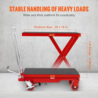 VEVOR Hydraulic Lift Table Cart, 500lbs Capacity 28.5" Lifting Height, Manual Single Scissor Lift Table with 4 Wheels and Non-Slip Pad, Hydraulic Scissor Cart for Material Handling, Red