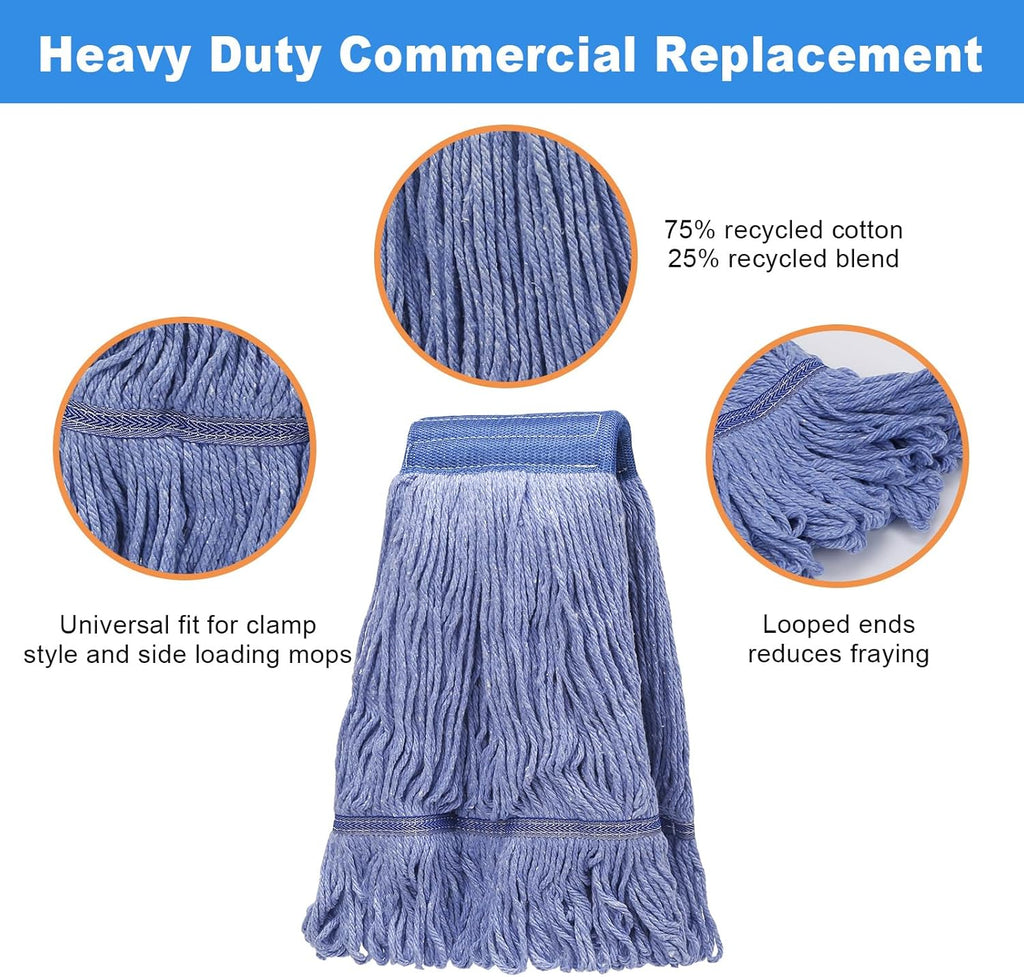 2 Pack Mop Head Replacement, Cleaning Heavy Duty Mop Head Commercial Replacement, Wet Industrial Blue Cotton Looped End String Head Refills, Wet Refills Head Optimal Absorption and Durability (Blue)