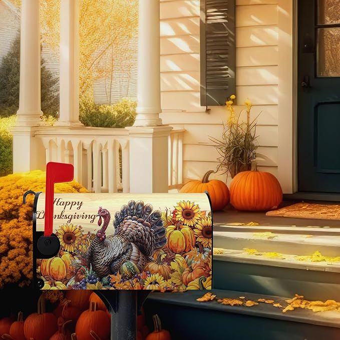 Happy Thanksgiving Turkey Mailbox Covers Magnetic Standard Size 21 x 18 Inch Fall Sunflower Pumpkin Mailbox Cover Wrap Thanksgiving Letter Box Post Cover Outdoor Decorations for Garden Yard