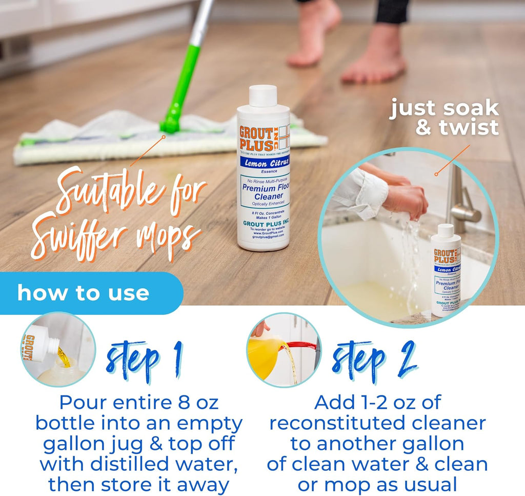 Premium Floor Cleaner, All Purpose Multi Surface Cleaner & Optically Enhanced Brightener, Neutral pH, 3X Strength, No Rinse - Lemon Citrus, 8 Oz for 1 Gal