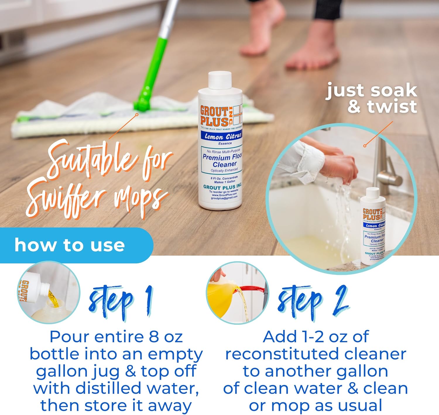 Premium Floor Cleaner, All Purpose Multi Surface Cleaner & Optically Enhanced Brightener, Neutral pH, 3X Strength, No Rinse - Lemon Citrus, 8 Oz for 1 Gal