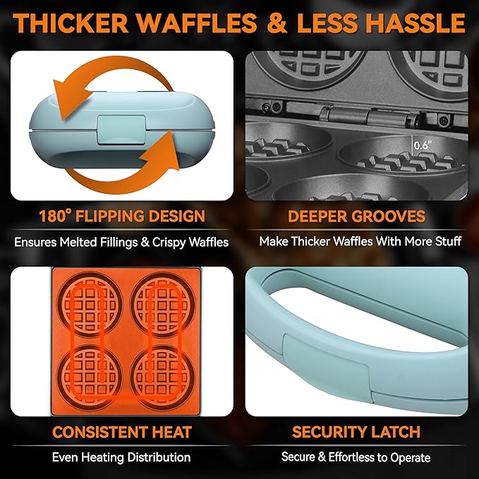 Baker's Friend Multi Stuffed Waffle Maker Thick, 4-Slice with 1.2'' Thick & 4'' Dia, Belgian Mini Waffle Maker Flip, Nonstick Breakfast Sandwich Maker, Stuffed Waffle Iron, Aqua