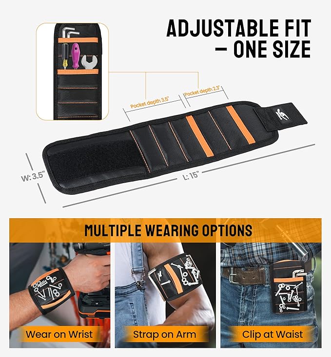 HiRui Magnetic Wristband for Tools – Ultra-Strong 15 Neodymium Magnets Hold Screws, Nails & Bits, Dual Pockets – Hands‑Free for DIY, Home Repairs, Auto – Gift‑Ready for Dad, Husband, Grandpa (Black)
