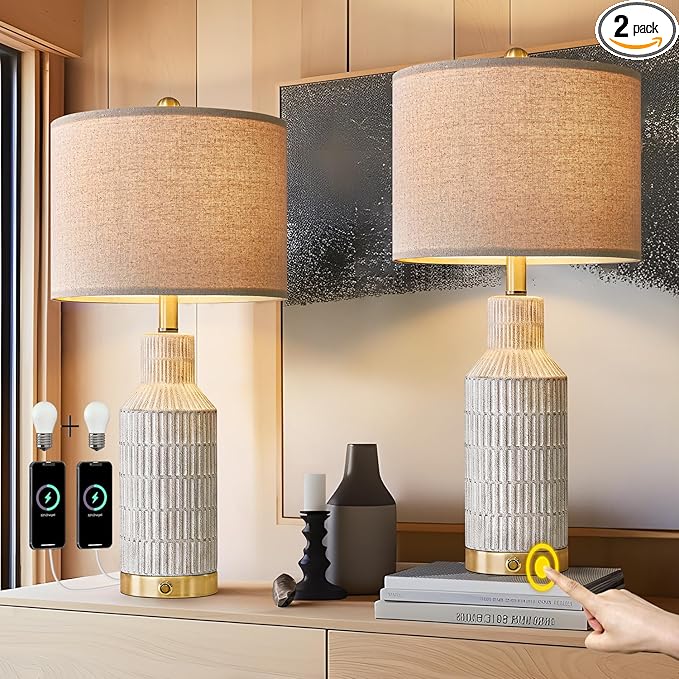 25" Modern 3-Way Dimmable Touch Control with USB A+C Ceramic Lamps Set of 2 Table Lamp for Living Room Bedroom Farmhouse Nightstand Bedside Lamps (White-Washed)