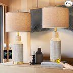 25" Modern 3-Way Dimmable Touch Control with USB A+C Ceramic Lamps Set of 2 Table Lamp for Living Room Bedroom Farmhouse Nightstand Bedside Lamps (White-Washed)