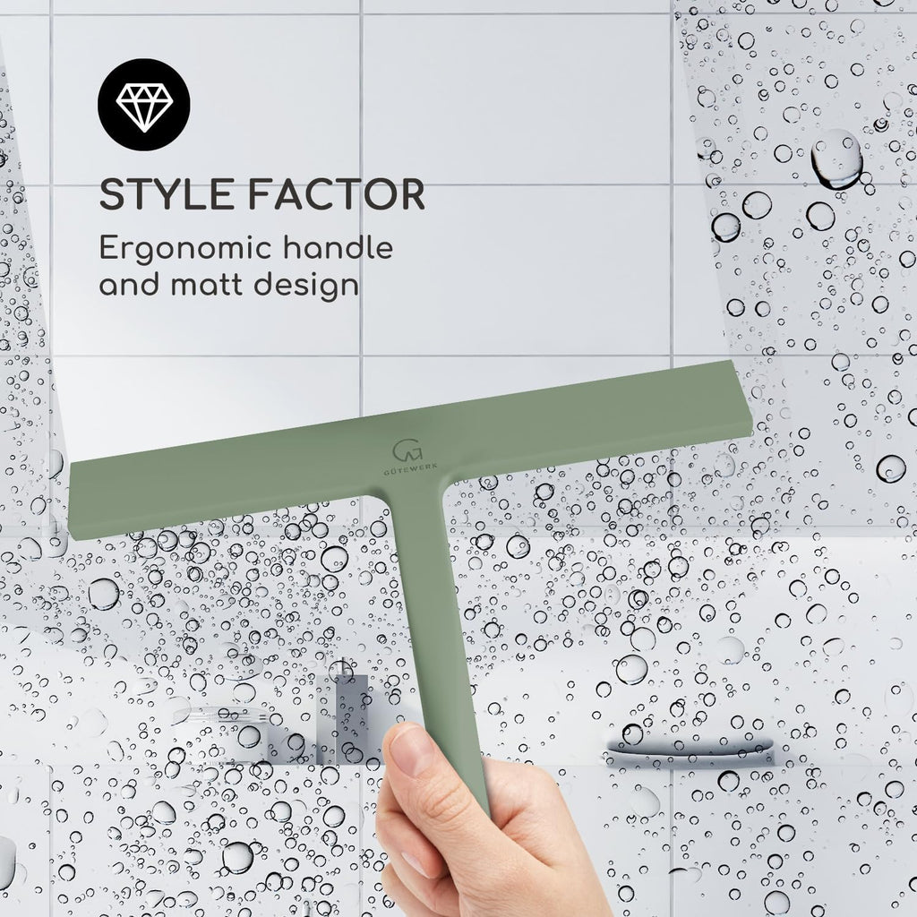 GÜTEWERK Shower Squeegee for Glass Doors, Silicone Window Squeegee, Bathroom and Glass Cleaning - Green - 9 Inch