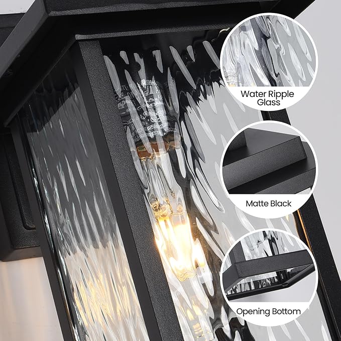 Outdoor Wall Light Fixtures, Modern Exterior Wall Mount Lanterns, Outside Wall Sconces in Black Finish with Water Ripple Glass for Porch Patio Farmhouse, 2-Pack