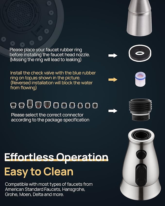 J-HVA Kitchen Faucet Sprayer Head Replacement with 15 Adapters (UPDATED) - Pull Down Kitchen Sink Faucet Spray Nozzle Head Replacement 3-Function Tap Spray Head for Kitchen Sink, Brushed Nickel