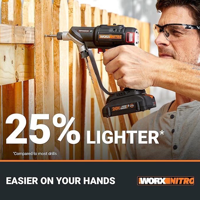 Worx Nitro 20V SwitchDriver 2.0 - 2-in-1 Brushless Cordless Drill Driver With Rotatable Dual 1/4" Chucks, Compact Design, Digital Torque Setting WX177L (Battery & Charger Included)