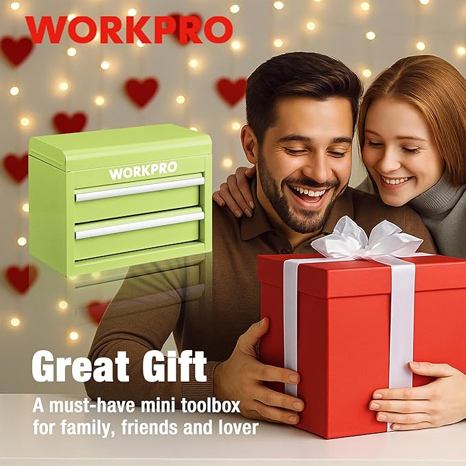 WORKPRO Metal Mini Tool Box, Top Tool Chest containing Two Drawers with Ball Bearing Slides, PVC Drawer Liners and PP Feet Pads, Durable Cold Rolled Steel Small Toolbox for Multi-Purpose Storage