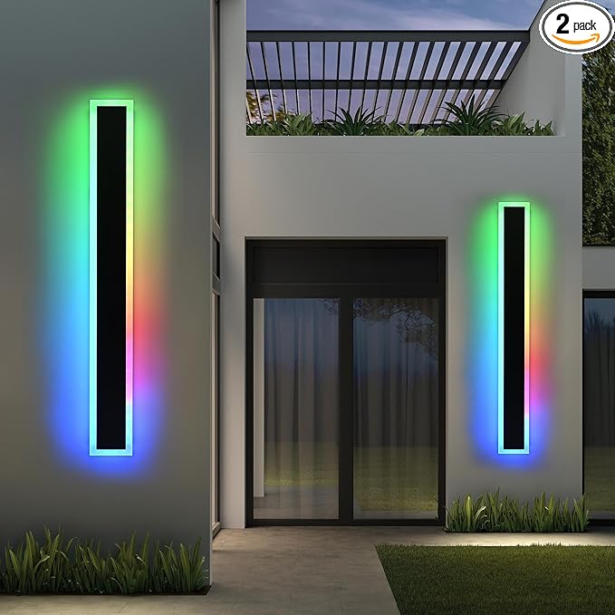 MELUCEE 2 Pack Outdoor RGB Long Wall Lights, 48 Inch Wall Lights RGB/Warm/White Dimmable Modern Led Wall Lighting, IP65 Waterproof Wall Sconce with Remote Control for Outdoor/Indoor Party Gathering