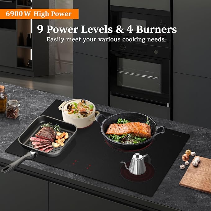 Electric Cooktop 30 Inch, Matte Glass Electric Stove Top 4 Burners with Sensor Touch Control, Fast Heat, Multiple Safety Protection, 6900W with Hard Wire for 220V~240V