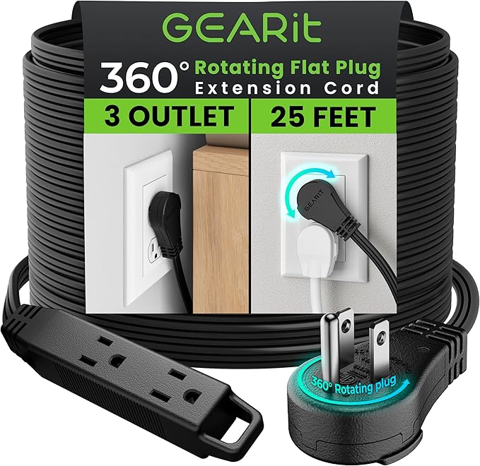 GEARit 360 Rotating Flat Plug Extension Cord (25ft, Black) Multi 3-Outlet Extension 16 AWG Wire, Adapter for Small Spaces, Right Angle Socket, ETL Certified - 25 Feet
