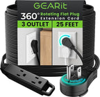 GEARit 360 Rotating Flat Plug Extension Cord (25ft, Black) Multi 3-Outlet Extension 16 AWG Wire, Adapter for Small Spaces, Right Angle Socket, ETL Certified - 25 Feet