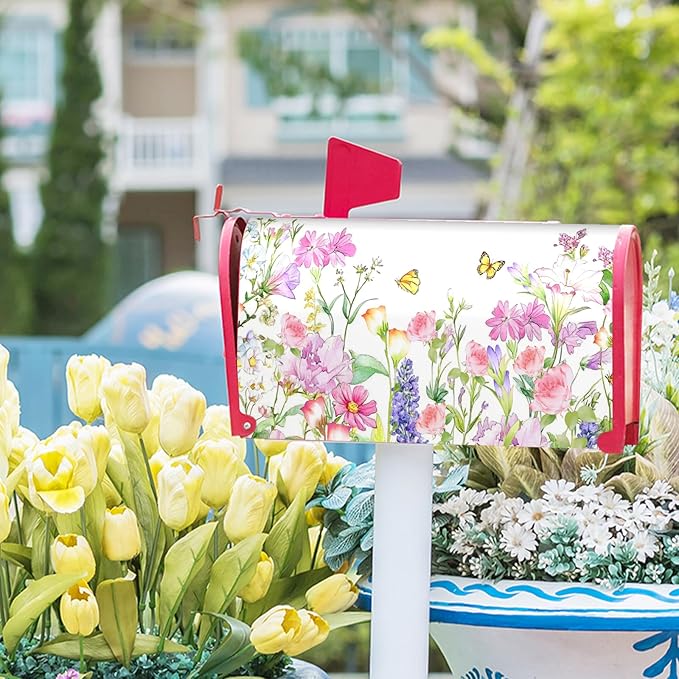 Kawani Spring Magnetic Mailbox Covers Spring Summer Watercolor Floral Butterfly Mailbox Covers Magnetic Standard Size 21x18 Inch Rustic Flower Post Letter Box Cover for Garden Yard Decor