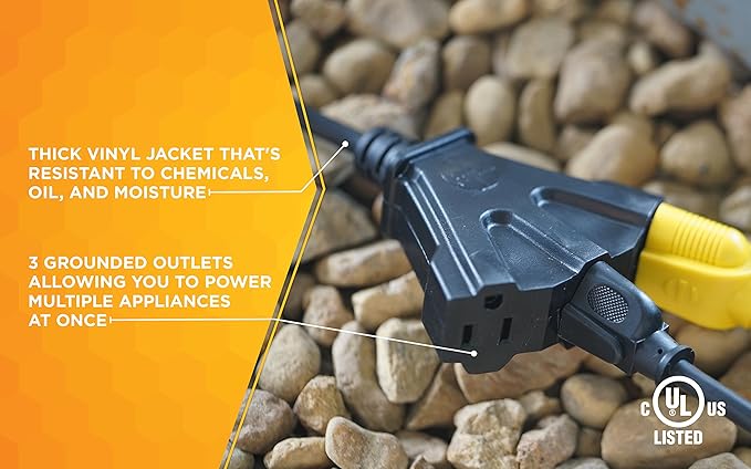 Southwire AgriPro Medium Duty Extension Cord - 14/3 Gauge - Tri-Tap Outlets - Water Resistant Vinyl Jacket - Flexible All-Weather Cord - UL Listed - 25 Foot