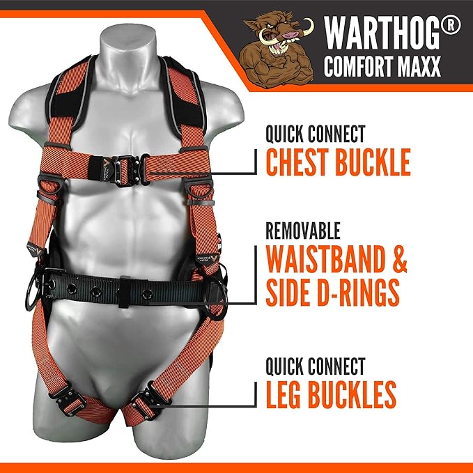 Malta Dynamics Warthog Comfort MAXX - Safety Harness for Construction – Fall Protection Equipment with Removable Belt and Lumbar Support, Side D-Rings, and Padding, OSHA & ANSI Compliant (XXL)