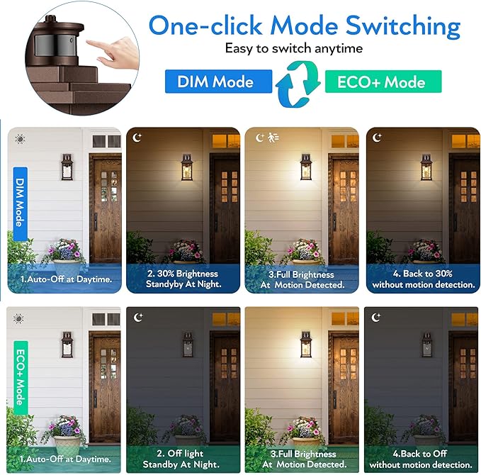 VIANIS Exterior Light Fixture with Motion Sensor, 2 Packs Oil Rubbed Bronze Dusk to Dawn Outdoor Porch Lights Wall Mount, Anti-Rust Aluminum Wall Lanterns with Tempered Glass for Garage Entrance