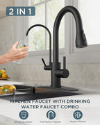 FORIOUS Black Kitchen Faucets with Water Filter, 2 in 1 Stainless Steel Pull Down Sink Faucet and Purfied Water Faucet High Arc Single Handle with Detachable Deck for 1 or 3 Hole