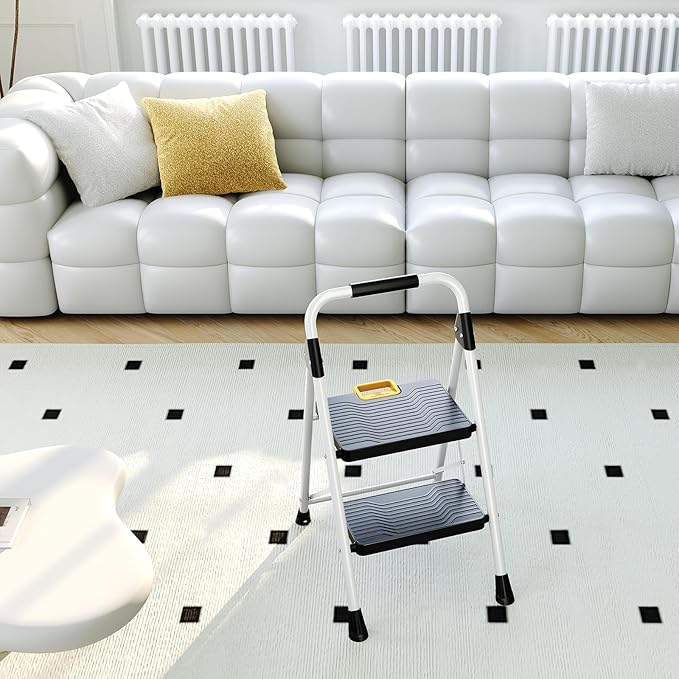 KINGRACK 2 Step Folding Ladder, 800lbs Capacity Step Stool with Safety Lock, Non-Skid Wide Pedals, and Handrail, Lightweight, Household Ladder for Home, Kitchen, Pantry, Closets, and Office Use, White