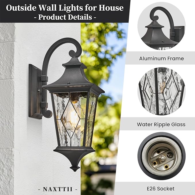 Outdoor Sconce Lights Black Porch Lights Outdoor Aluminum Waterproof Exterior Lighting Fixtures with Water Ripple Handmade Solder Glass E26 Socket