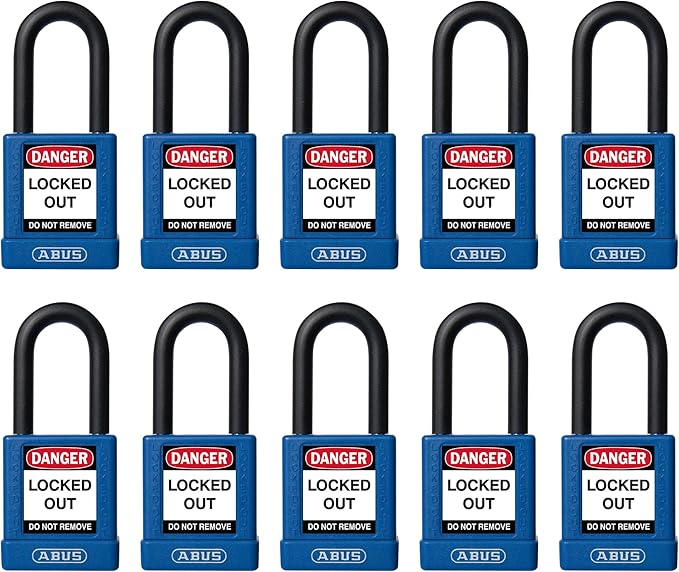 ABUS Blue Pack of 10 Lockout Tagout Premium Solid Body Safety Padlock Set - OSHA Compliant Loto Locks Insulated Against Electric Shock, Keyed Different, 1 Key Per Lock