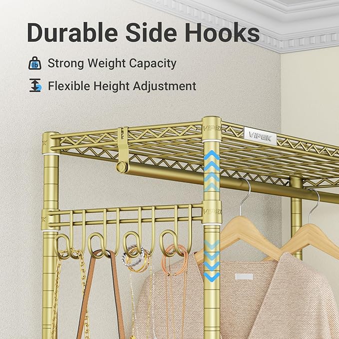 VIPEK R2 Plus Rolling Clothes Rack for Hanging Clothes Heavy Duty Garment Rack 3 Tiers Adjustable Wire Shelving Clothing Racks with Double Hanging Rods, Closet Organizers and Storage, Gold