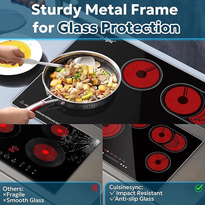 30 Inch Electric Cooktop 4 Burner 7400W Ceramic Stove, Built-in Electric Stove Top with Full Metal Frame Protection, Timer, Safety Lock, Pause, Dual Ring, 220V Hard Wired