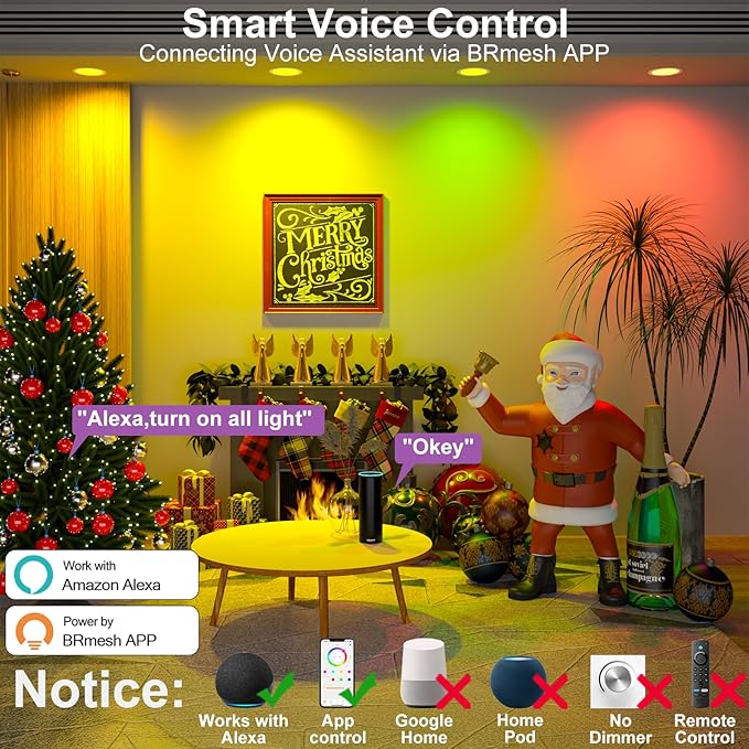 Smart Recessed Lighting 6 Inch RGBCW Color Changing 16W LED Downlight with Junction Box,1350 Lumen Recessed Ceiling Light Compatible with Alexa,Dimmable by Bluetooth Control -6Pack