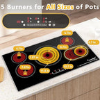 36 Inch Electric Cooktop, 5 Burner Electric Stove Top with 9 Power Levels, Touch Control, Timer, Child Lock and Residual Heat Warning, 9200W, 220-240V for Hard Wire