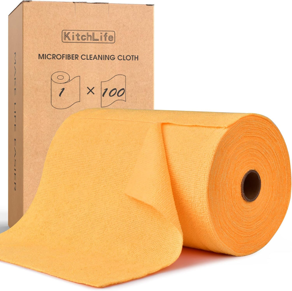 KitchLife Microfiber Cleaning Cloth Roll, 100 Pack - Tear-Away Microfiber Paper Towels, Lint-Free, Reusable, Washable for Kitchen, Car, Dishes, and Sensitive Surfaces (Tangerine Yellow)