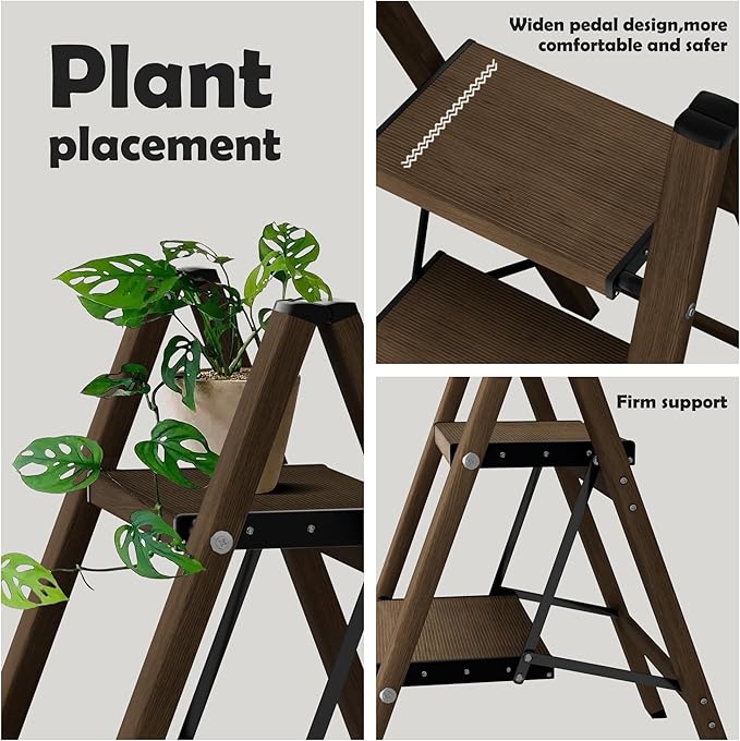 Taranta 2 Step Ladder,Aluminum Lightweight Folding 2 Step Stool with Anti-Slip Wide Pedal,330lbs Capacity Step Ladder for Household,Kitchen,Office - Walnut