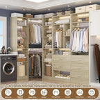 Corner Closet System with 5 Drawers, Closet Organizer System with 15+Shelvess & 4 Hanging Rods, 63.2"L * 63.2"W / 87.2"L * 39.2"W Reversible L Shaped Walk-in Closets, Load 2500+LBS, White Oak