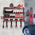Power Tool Organizer Wall Mount, Metal Power Tool Storage Rack with Screwdriver Holder, Garage Tool Storage Shelves with Screwdriver Holder Plier Holder (Black, 4 Drills Holder)