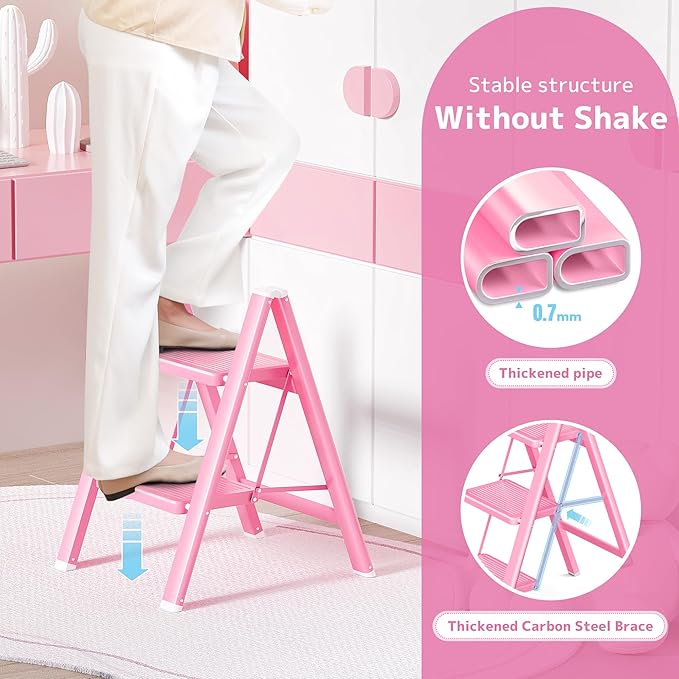 GameGem Pink 2 Step Ladder, Small Kitchen Step Stool for Adults, Widen 7.9Inch Pedal for Comfortable Use, Sturdy and Cute Step Ladder with Anti-Slip Foot, More Friendly to Women, 330Lbs Load